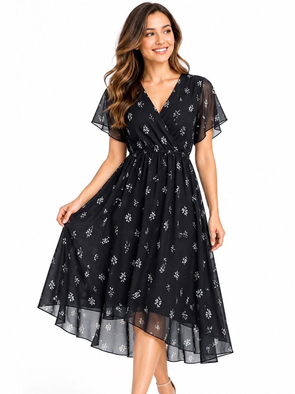 Black Floral High-Low Midi Dress with V-Neck